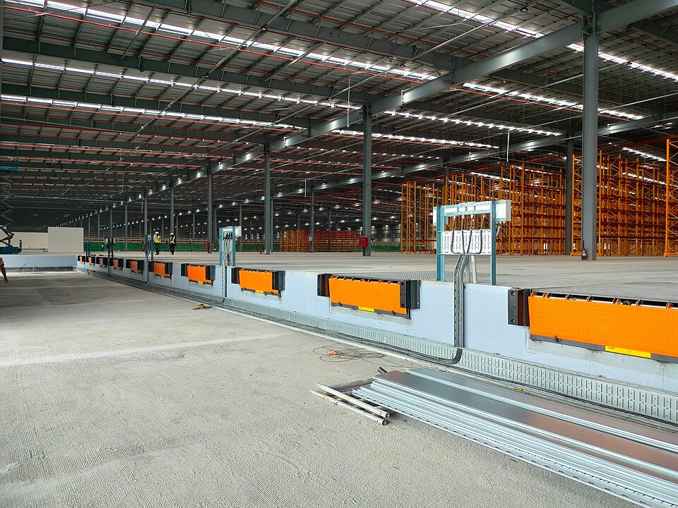Row of dock levelers with yellow lips along a warehouse loading platform